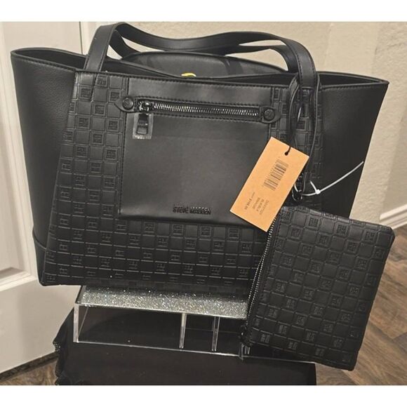 Steve Madden BMagie Block Logo Tote Bag- Black - Picture 3 of 11